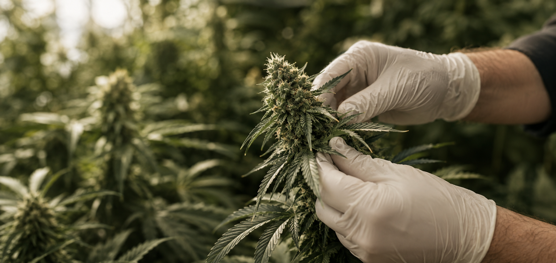 Cultivador inspeccionando cuidadosamente una flor de cannabis medicinal